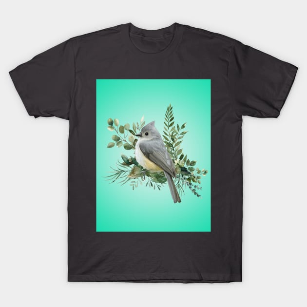 Grey Bird on Branch coral green T-Shirt by Fiasco Designs